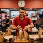 Gestor de restaurante organizando sacolas de entrega por horário no balcão, no agendamento de pedidos no delivery