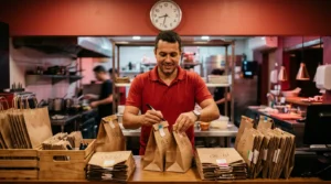 Gestor de restaurante organizando sacolas de entrega por horário no balcão, no agendamento de pedidos no delivery