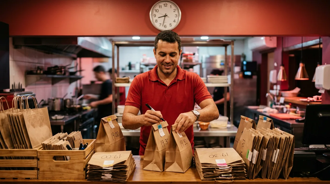 Gestor de restaurante organizando sacolas de entrega por horário no balcão, no agendamento de pedidos no delivery