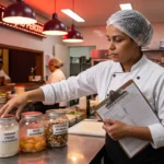 Alergênicos no cardápio: gestora etiqueta potes de farinha, ovos e castanhas na cozinha do restaurante