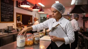 Alergênicos no cardápio: gestora etiqueta potes de farinha, ovos e castanhas na cozinha do restaurante