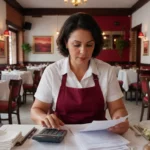 Gestora de restaurante conferindo contrato de aluguel e calculadora no salão, para avaliar o custo de ocupação no restaurante