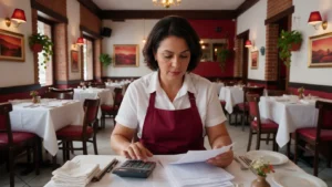 Gestora de restaurante conferindo contrato de aluguel e calculadora no salão, para avaliar o custo de ocupação no restaurante