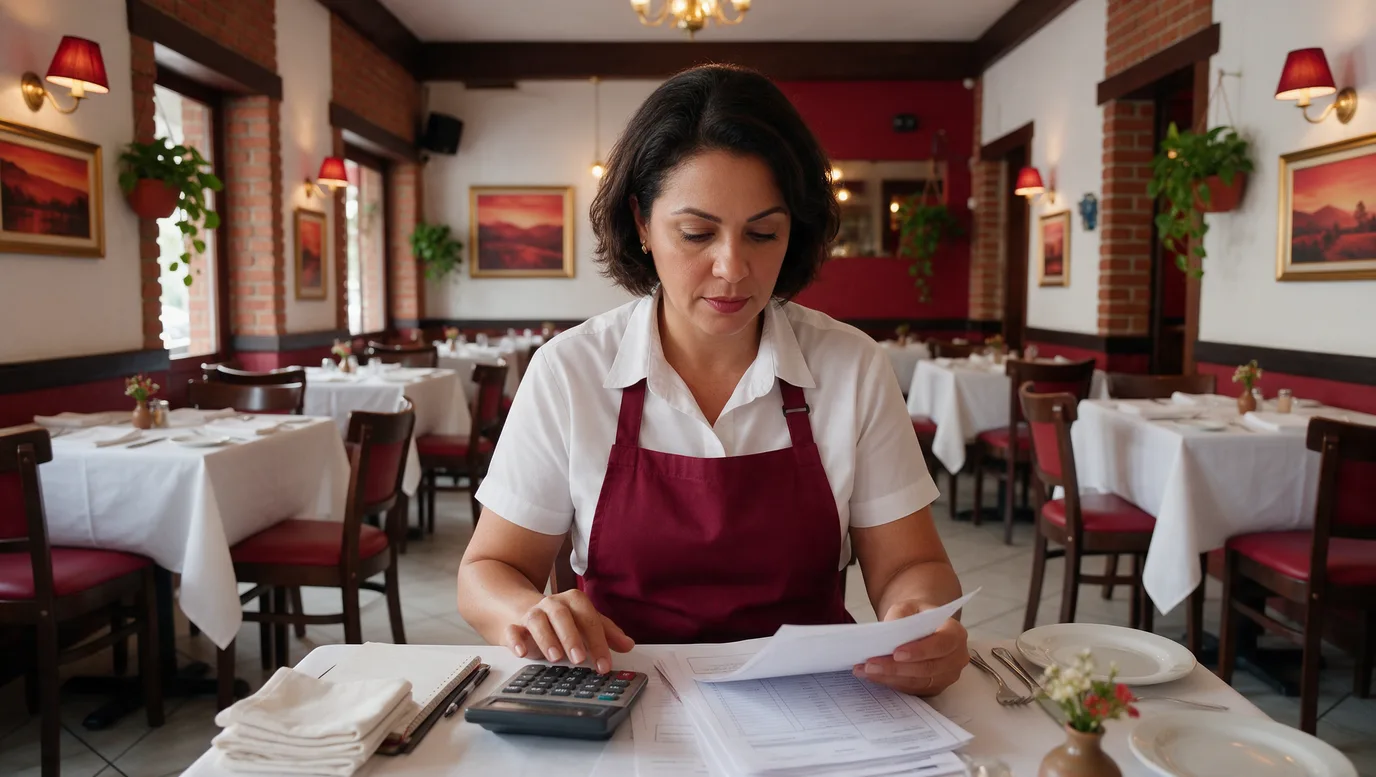 Gestora de restaurante conferindo contrato de aluguel e calculadora no salão, para avaliar o custo de ocupação no restaurante