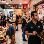 Gerente de lanchonete acompanhando a escala de equipe durante o pico do almoço no salão