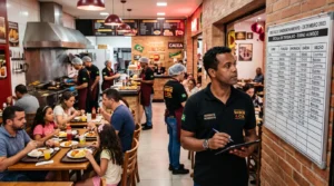 Gerente de lanchonete acompanhando a escala de equipe durante o pico do almoço no salão