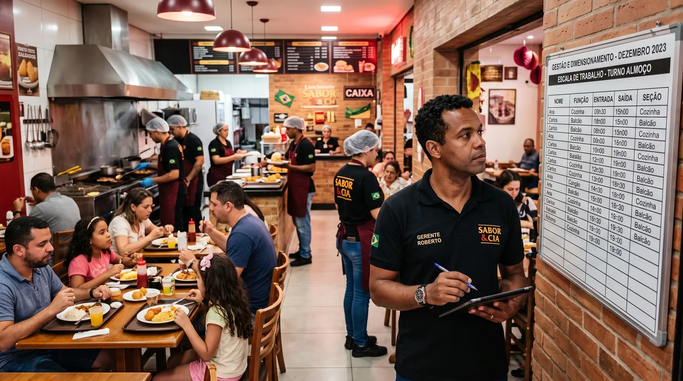 Gerente de lanchonete acompanhando a escala de equipe durante o pico do almoço no salão