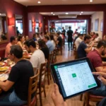 Gestora confere o mapa de mesas em um tablet para acompanhar o giro de mesa no salão do restaurante