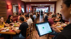 Gestora confere o mapa de mesas em um tablet para acompanhar o giro de mesa no salão do restaurante