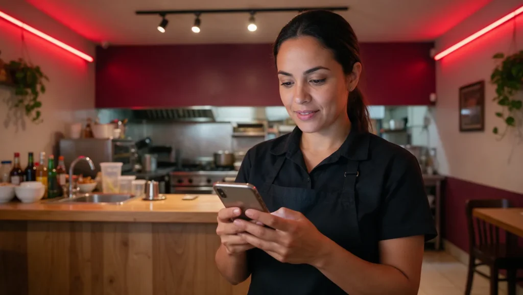 Atendente de restaurante conferindo pedido no celular, representando a IA no atendimento por WhatsApp