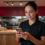 Atendente de restaurante conferindo pedido no celular, representando a IA no atendimento por WhatsApp