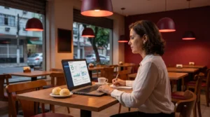Gestora de cafeteria lendo avaliações de clientes no notebook para transformar comentários em ações de melhoria