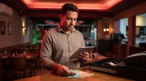 Prevenção de perdas no restaurante: gestor confere o dinheiro da gaveta com o tablet no balcão do caixa