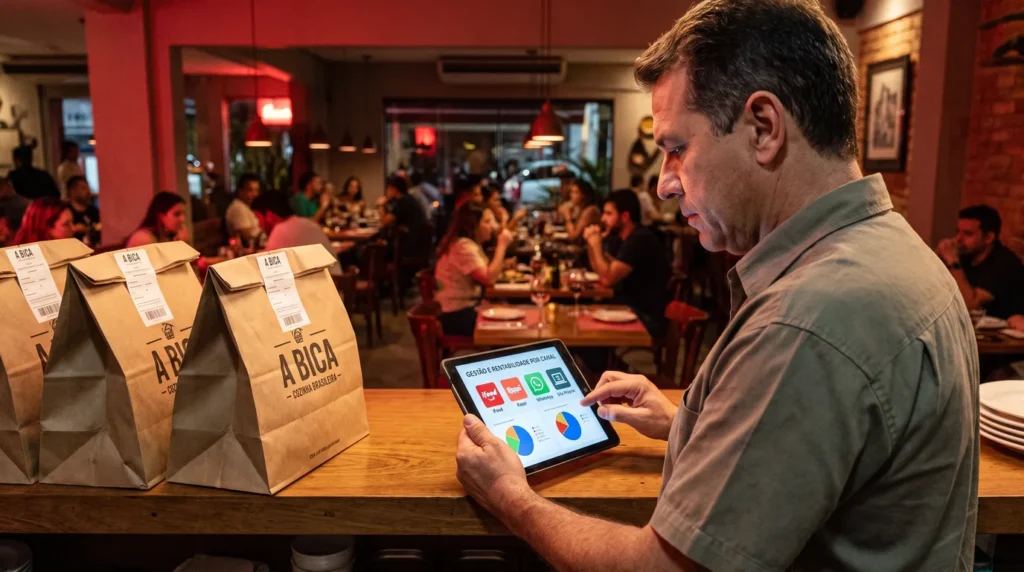 Gestor de restaurante analisando a rentabilidade por canal no balcão de expedição, com pedidos de delivery e salão