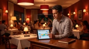 Gestor verificando a agenda de reservas no salão do restaurante com uma mesa reservada vazia