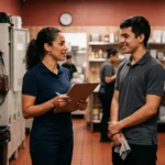 Gerente conversando com funcionário na troca de turno, tema da rotatividade de equipe em restaurante