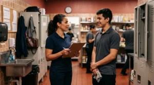 Gerente conversando com funcionário na troca de turno, tema da rotatividade de equipe em restaurante