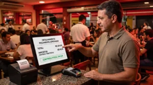 Gestor conferindo no caixa do restaurante o detalhamento fiscal de um pagamento, tema do split payment