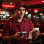 Operador de caixa conferindo comprovantes e maquininha, ilustrando a taxa de cartão no restaurante